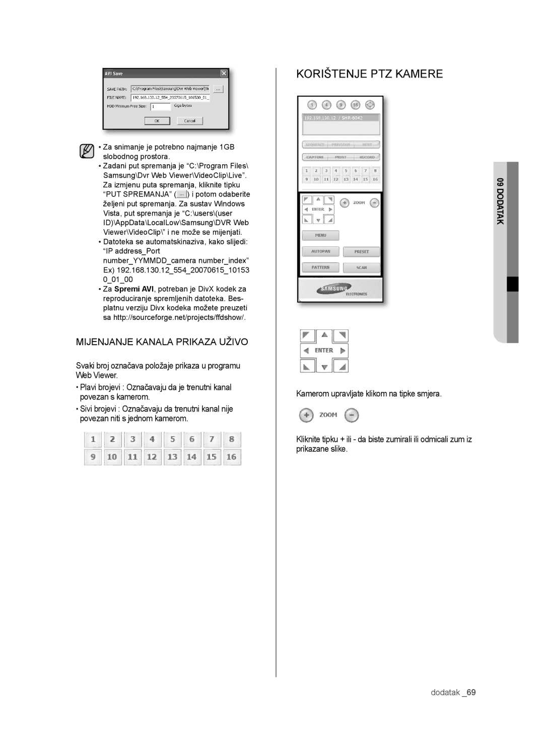 Samsung SHR-6042P manual Korištenje PTZ Kamere, Mijenjanje Kanala Prikaza Uživo 