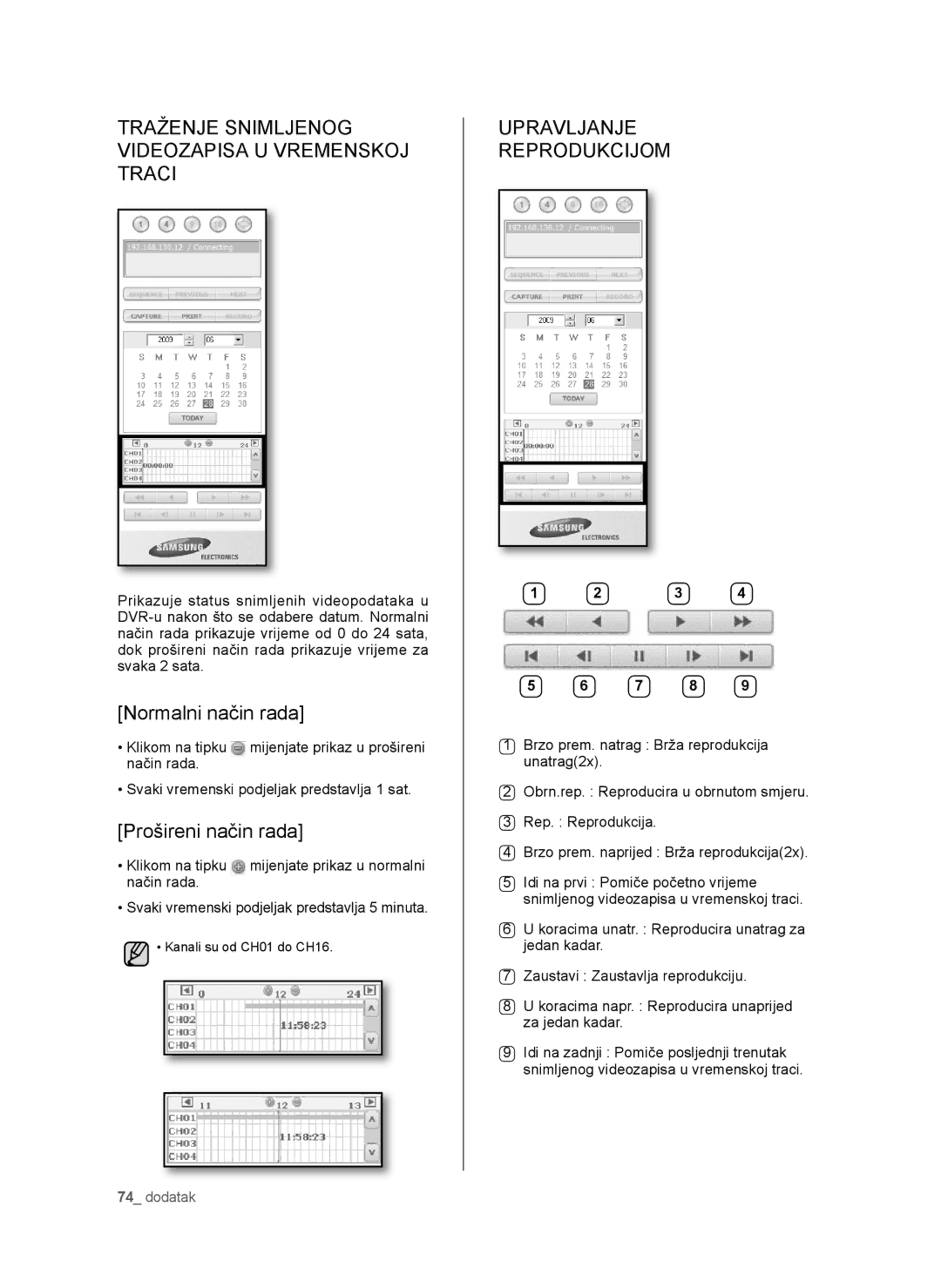 Samsung SHR-6042P manual Traženje Snimljenog Videozapisa U Vremenskoj Traci, Normalni način rada, Prošireni način rada 