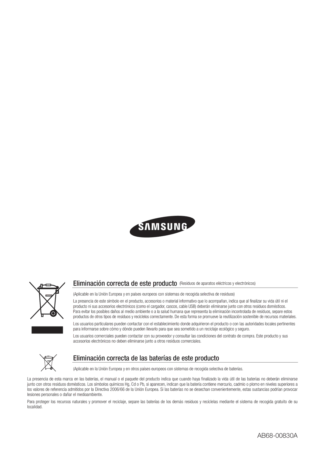 Samsung SHR-6082P, SHR-6080P, SHR-6160P, SHR-6162P manual Eliminación correcta de las baterías de este producto 