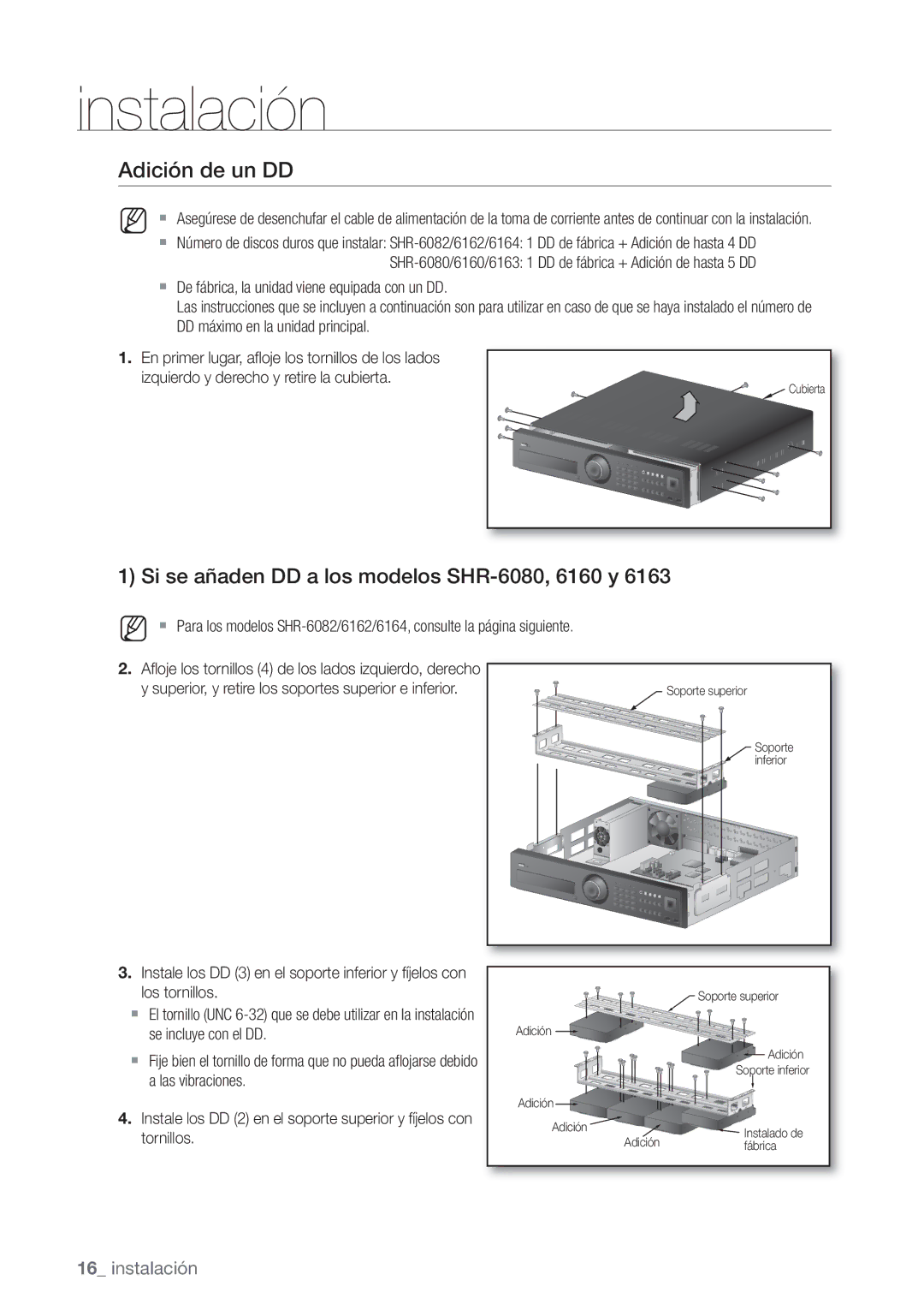 Samsung SHR-6080P, SHR-6160P, SHR-6082P, SHR-6162P manual Adición de un DD, Si se añaden DD a los modelos SHR-6080, 6160 y 