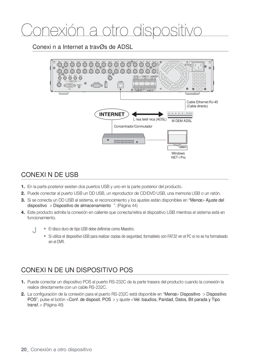 Samsung SHR-6080P, SHR-6160P manual Conexión DE USB, Conexión DE UN Dispositivo POS, Conexión a Internet a través de Adsl 