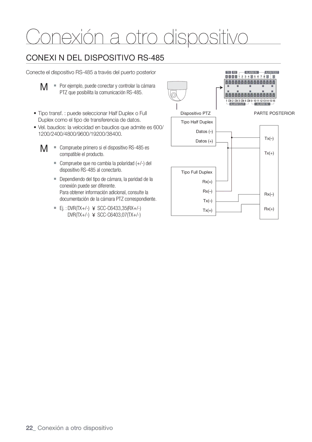 Samsung SHR-6082P, SHR-6080P Conexión DEL Dispositivo RS-485, Conecte el dispositivo RS-485 a través del puerto posterior 