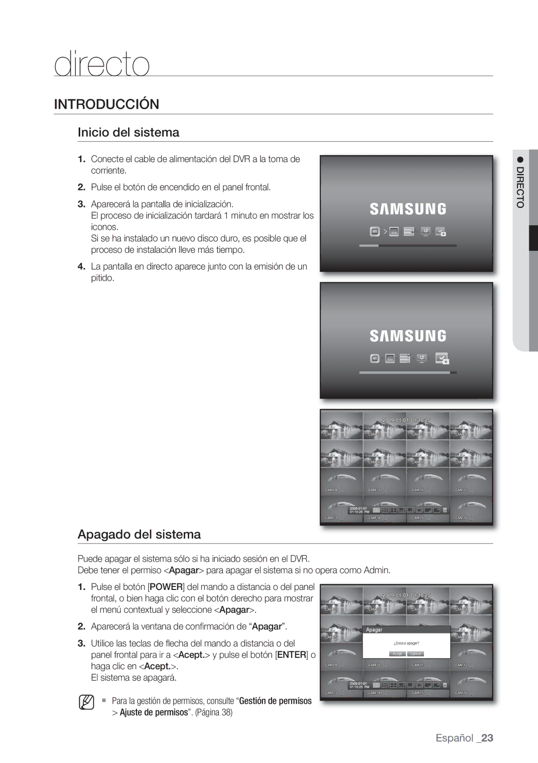 Samsung SHR-6162P, SHR-6080P Introducción, Inicio del sistema, Apagado del sistema,  Directo, Ajuste de permisos. Página 