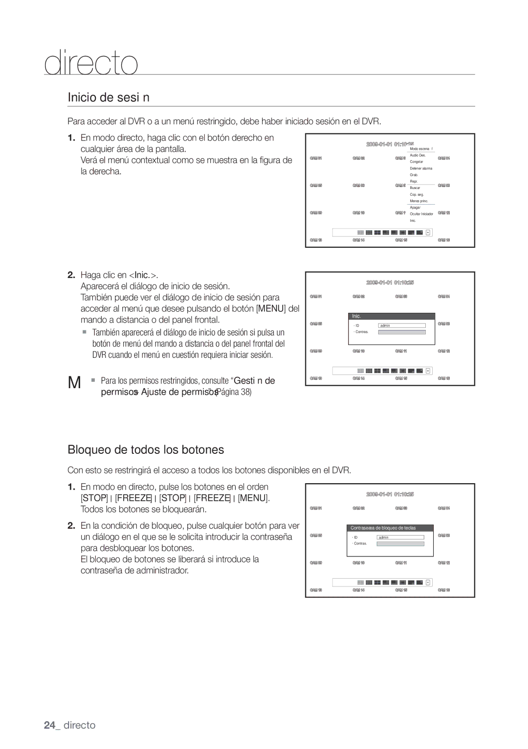 Samsung SHR-6080P, SHR-6160P, SHR-6082P, SHR-6162P manual Inicio de sesión, Bloqueo de todos los botones, Directo 