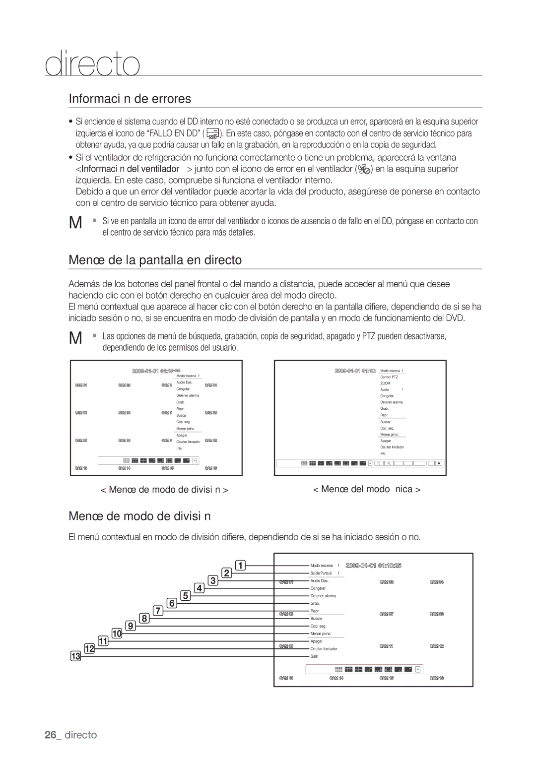 Samsung SHR-6082P, SHR-6080P, SHR-6160P Información de errores, Menú de la pantalla en directo, Menú de modo de división 