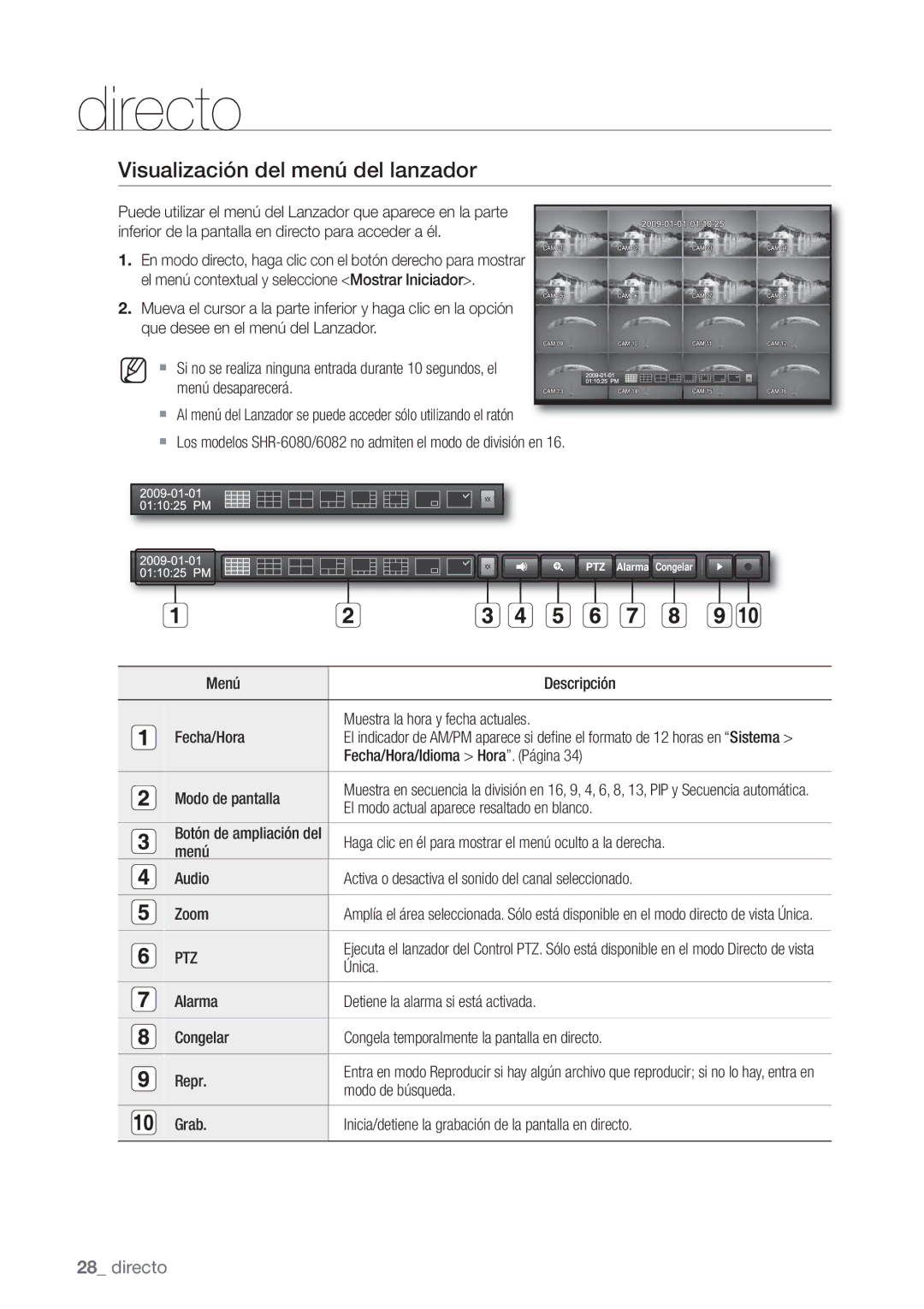 Samsung SHR-6080P, SHR-6160P, SHR-6082P, SHR-6162P manual Visualización del menú del lanzador, Ptz 