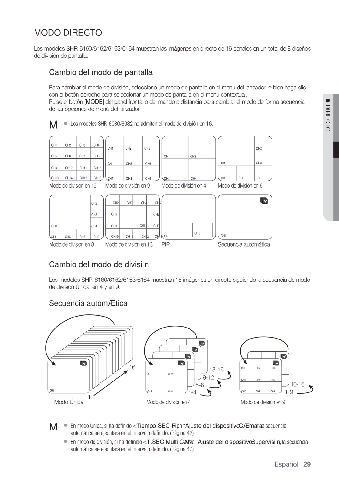 Samsung SHR-6160P manual Modo Directo, Cambio del modo de pantalla, Cambio del modo de división, Secuencia automática, Pip 