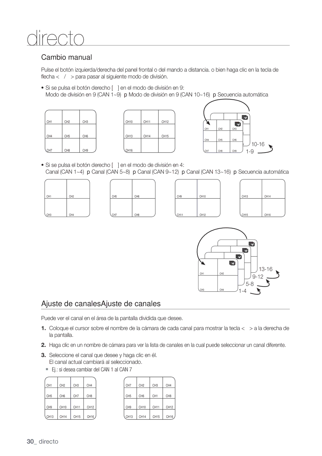 Samsung SHR-6082P, SHR-6080P, SHR-6160P Ajuste de canalesAjuste de canales, Cambio manual, Canal can 9~12 Canal can 13~16 