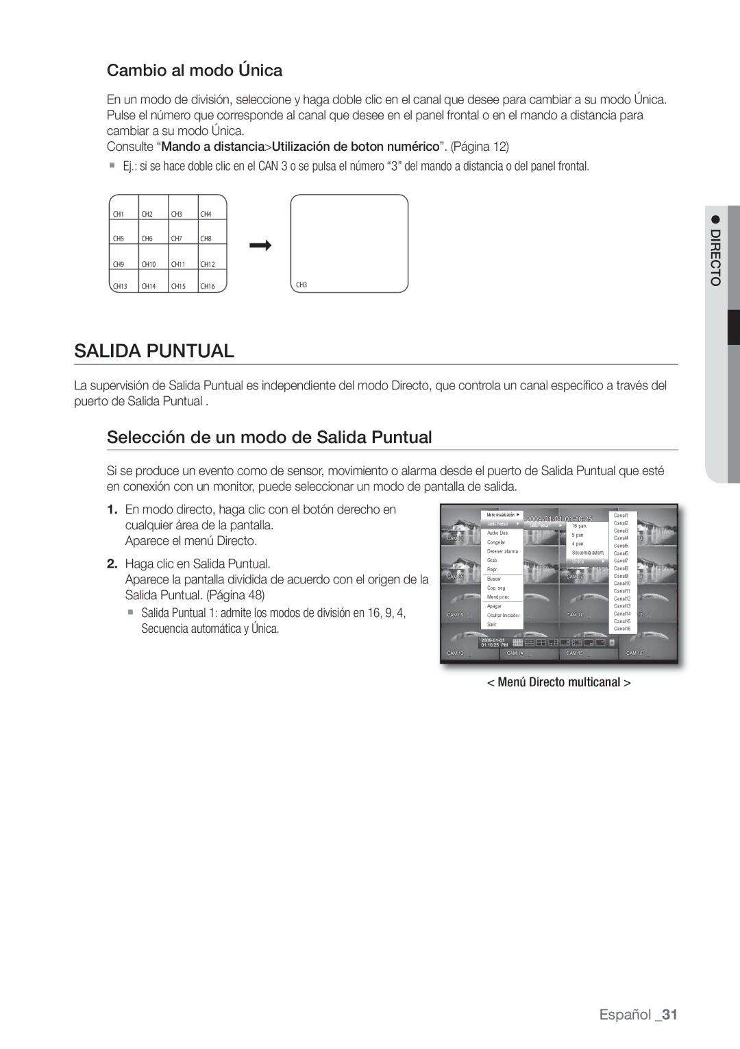 Samsung SHR-6162P, SHR-6080P Selección de un modo de Salida Puntual, Cambio al modo Única, Menú Directo multicanal 