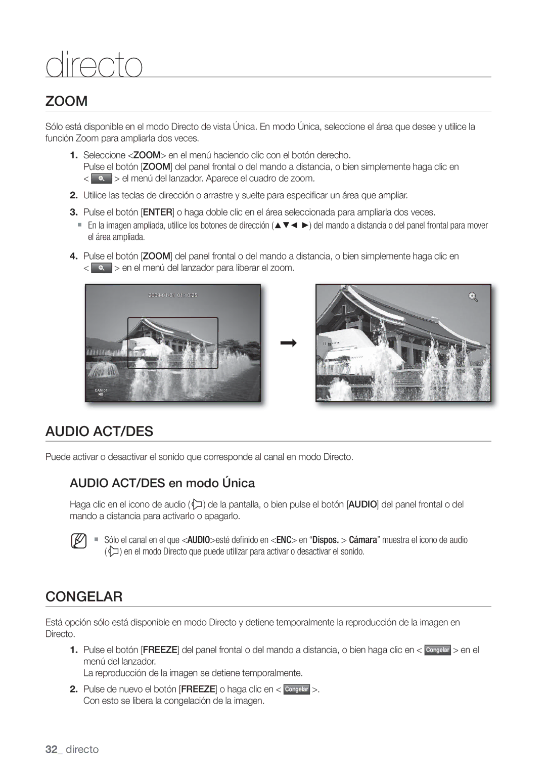 Samsung SHR-6080P, SHR-6160P, SHR-6082P, SHR-6162P manual Zoom, Congelar, Audio ACT/DES en modo Única 