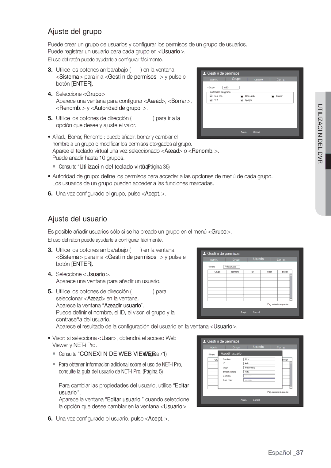 Samsung SHR-6160P, SHR-6080P, SHR-6082P, SHR-6162P manual Ajuste del grupo, Ajuste del usuario, Utilización 