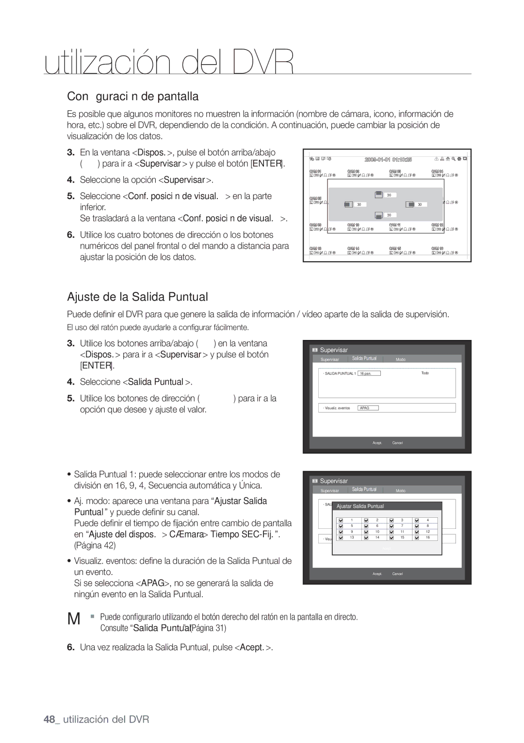 Samsung SHR-6080P, SHR-6160P, SHR-6082P Conﬁguración de pantalla, Ajuste de la Salida Puntual, Conf. posición de visual 