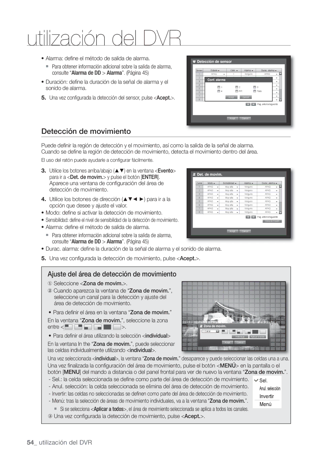 Samsung SHR-6082P, SHR-6080P Detección de movimiento, Ajuste del área de detección de movimiento, Seleccione Zona de movim 