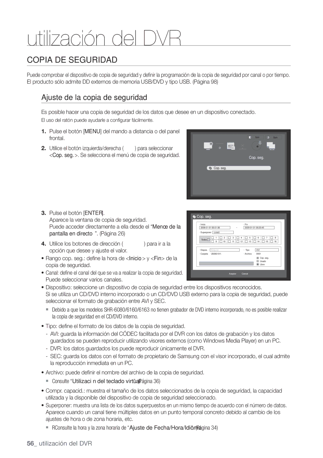 Samsung SHR-6080P, SHR-6160P, SHR-6082P, SHR-6162P manual Copia DE Seguridad, Ajuste de la copia de seguridad, Cop. seg 