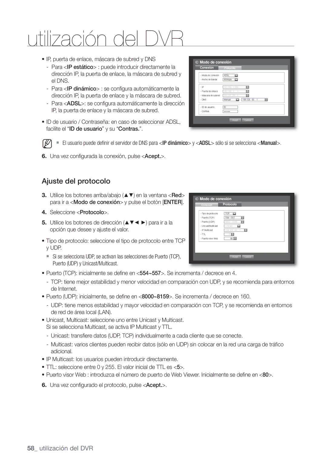 Samsung SHR-6082P, SHR-6080P, SHR-6160P manual Ajuste del protocolo, Una vez conﬁ gurada la conexión, pulse Acept, Protocolo 