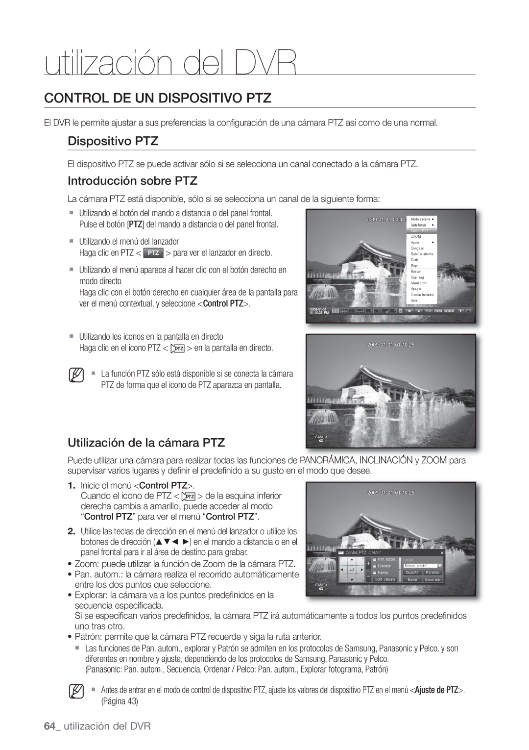 Samsung SHR-6080P, SHR-6160P, SHR-6082P Control DE UN Dispositivo PTZ, Introducción sobre PTZ, Utilización de la cámara PTZ 