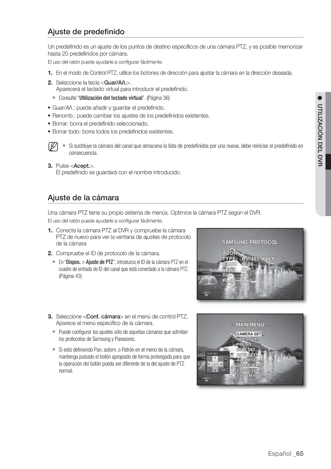 Samsung SHR-6160P, SHR-6080P Ajuste de predeﬁnido, Ajuste de la cámara, Aparece el menú especíﬁ co de la cámara, Normal 