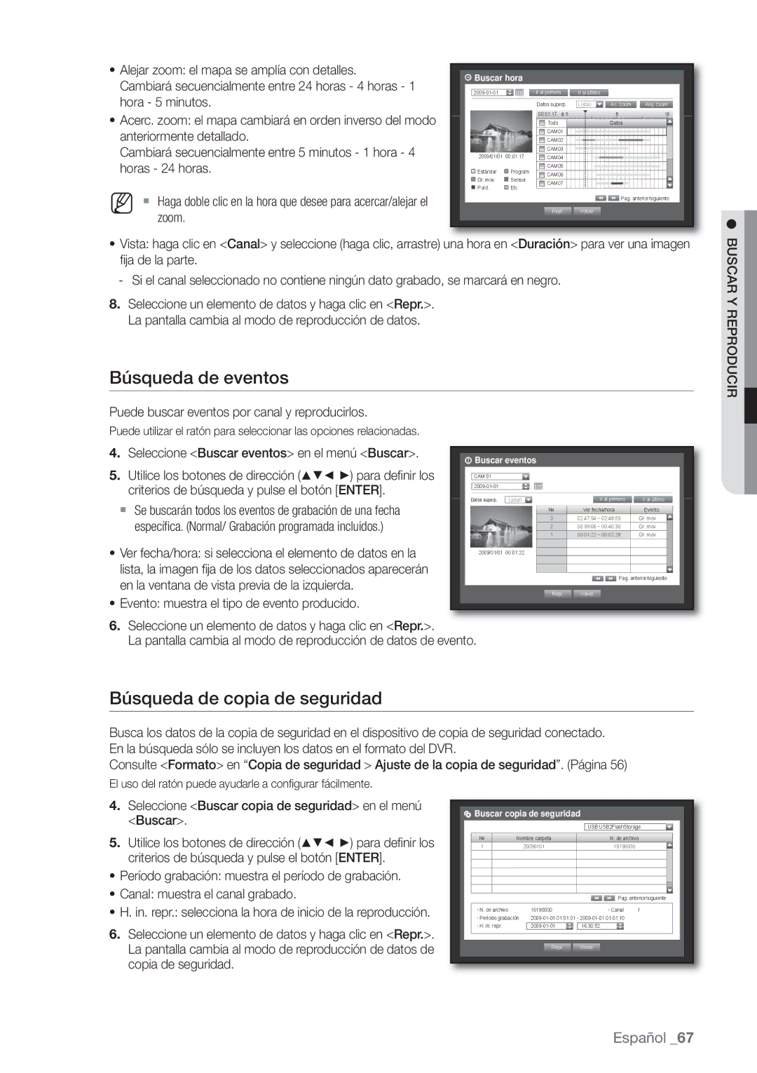 Samsung SHR-6162P Búsqueda de eventos, Búsqueda de copia de seguridad, Puede buscar eventos por canal y reproducirlos 