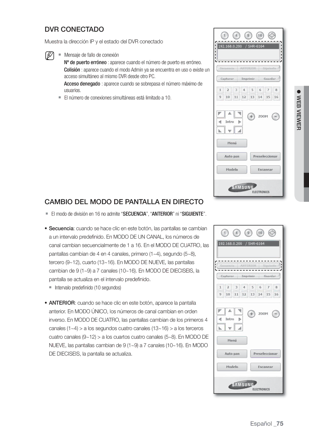 Samsung SHR-6162P, SHR-6080P, SHR-6160P, SHR-6082P manual DVR Conectado,  Intervalo predeﬁnido 10 segundos 