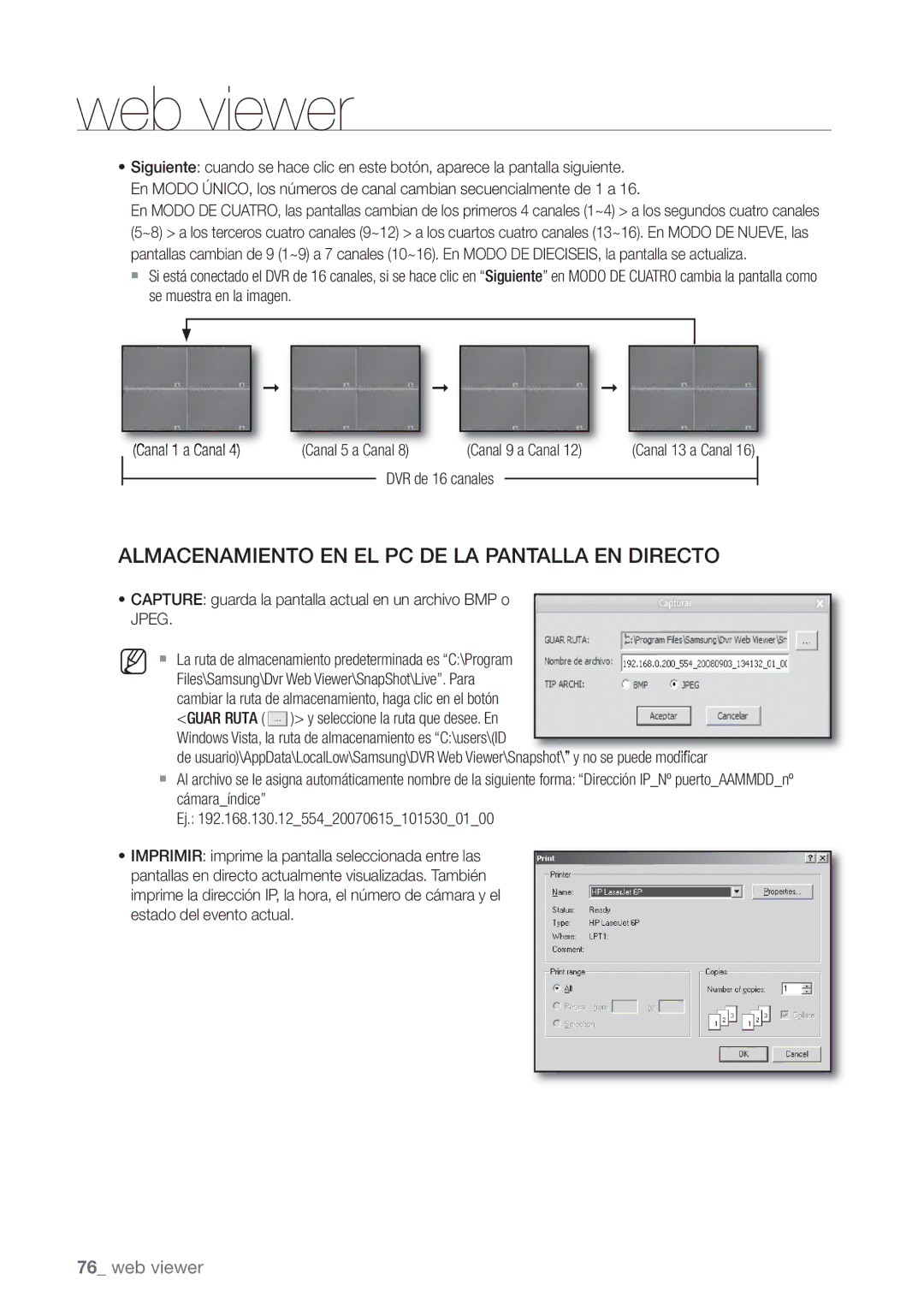 Samsung SHR-6080P, SHR-6160P, SHR-6082P manual DVR de 16 canales, Capture guarda la pantalla actual en un archivo BMP o Jpeg 