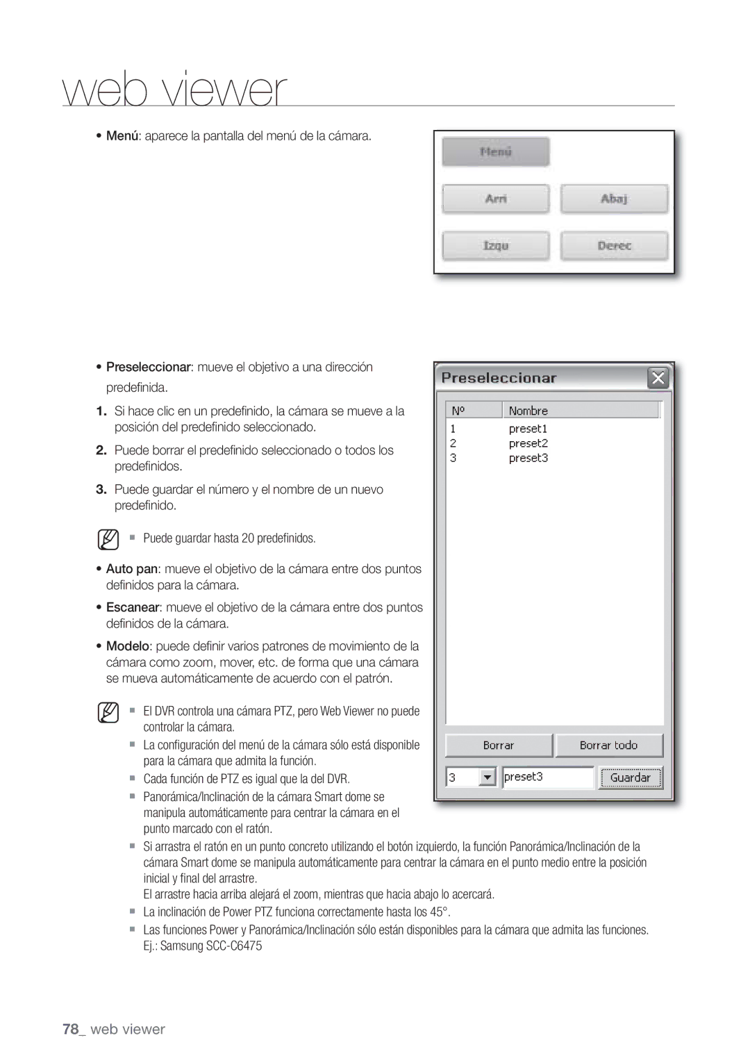 Samsung SHR-6082P, SHR-6080P, SHR-6160P, SHR-6162P manual  Cada función de PTZ es igual que la del DVR 