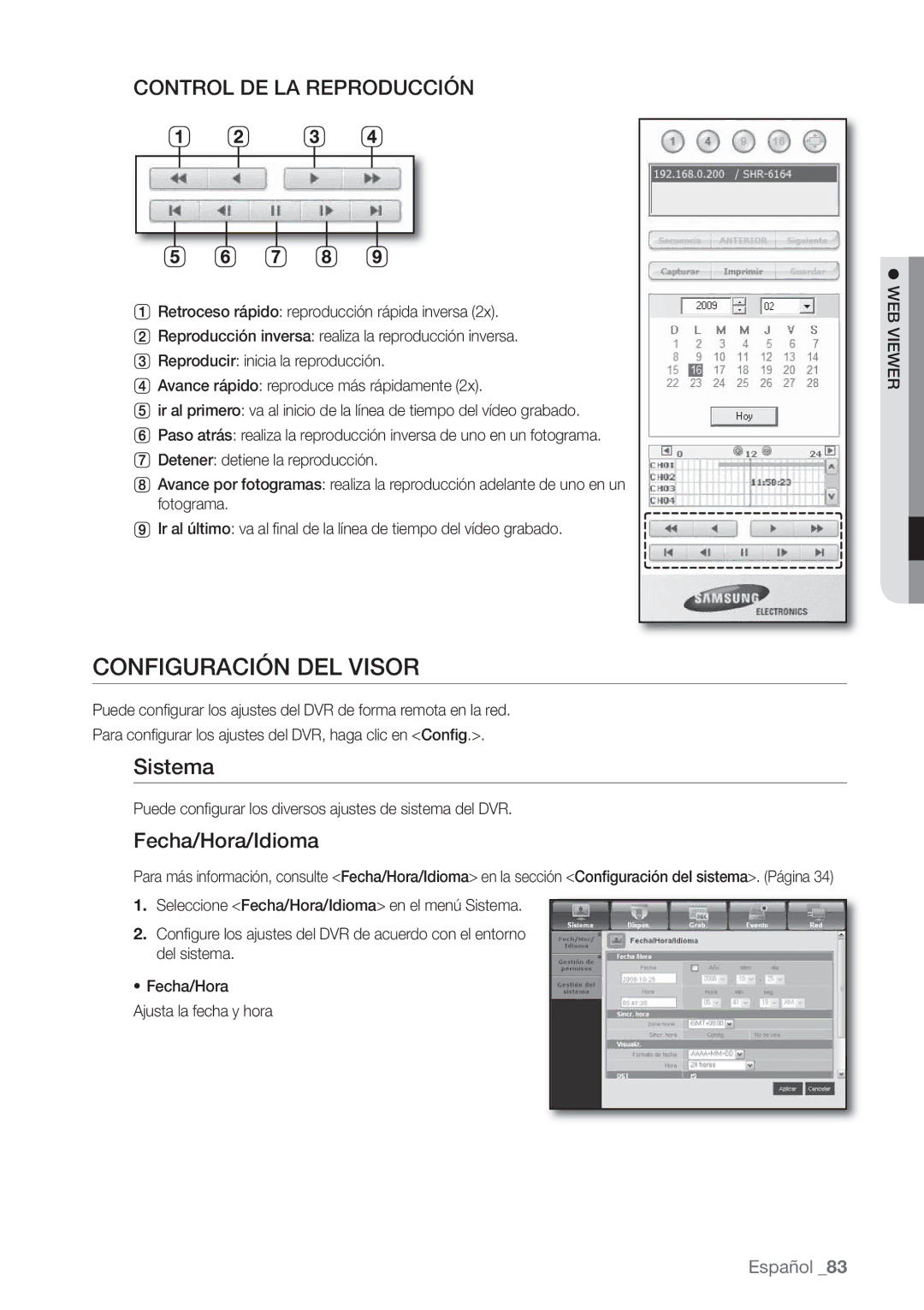 Samsung SHR-6162P, SHR-6080P, SHR-6160P, SHR-6082P manual Configuración DEL Visor, Sistema, Fecha/Hora/Idioma 