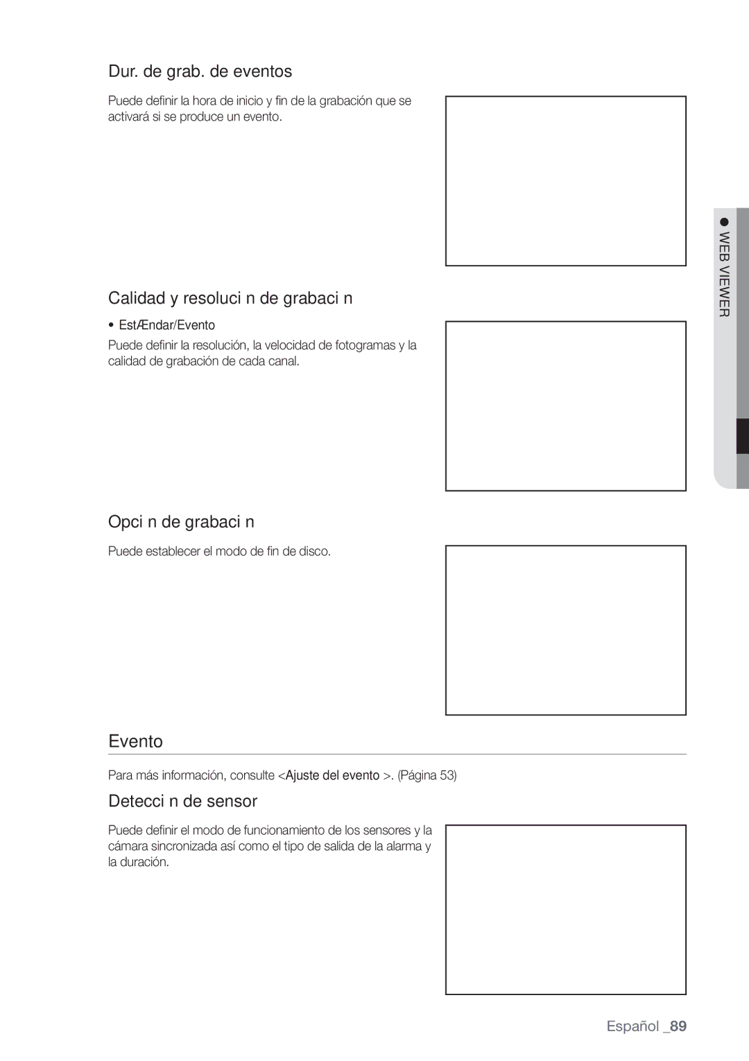 Samsung SHR-6160P, SHR-6080P manual Evento, Dur. de grab. de eventos, Calidad y resolución de grabación, Opción de grabación 