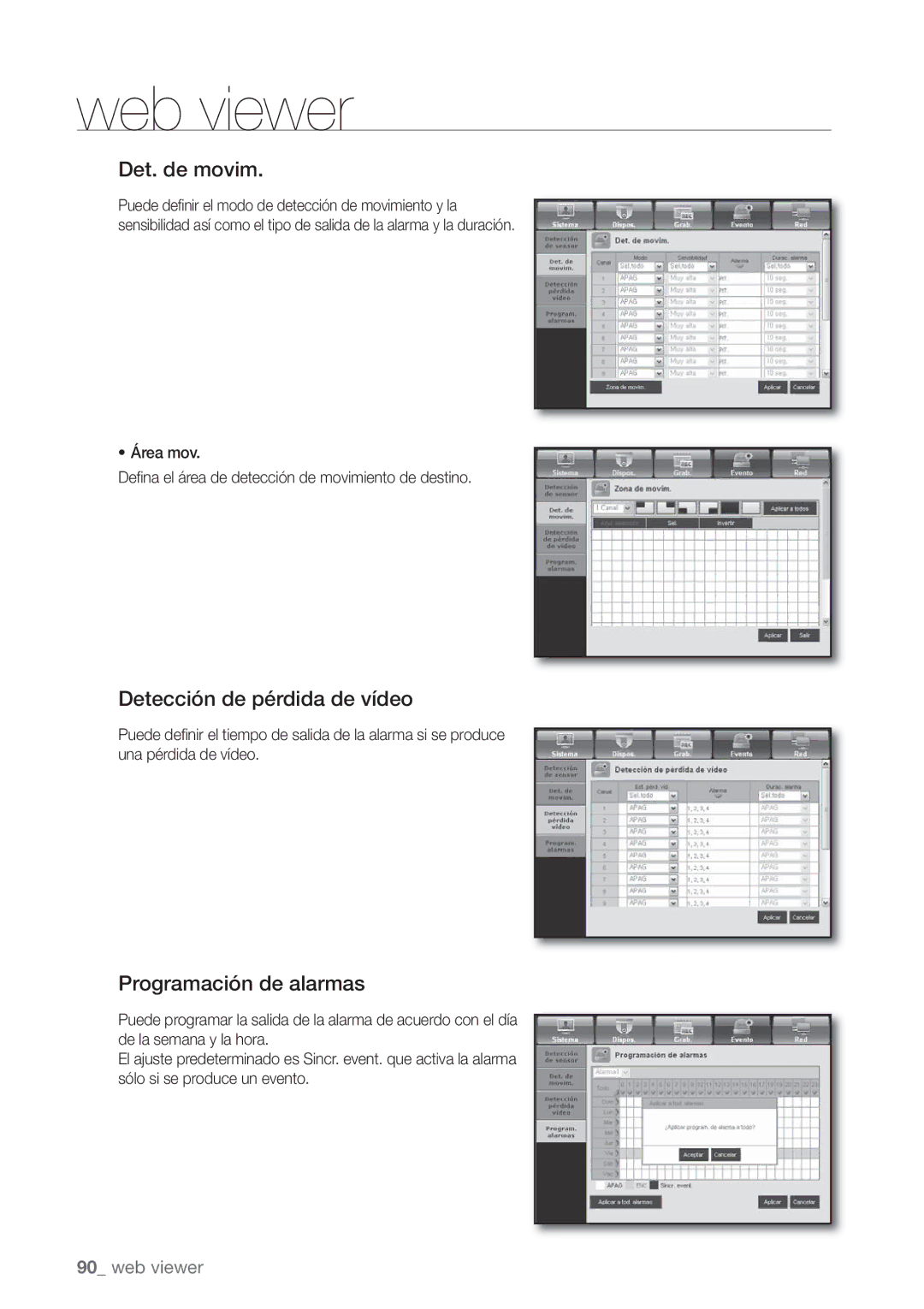 Samsung SHR-6082P, SHR-6080P, SHR-6160P, SHR-6162P Det. de movim, Detección de pérdida de vídeo, Programación de alarmas 