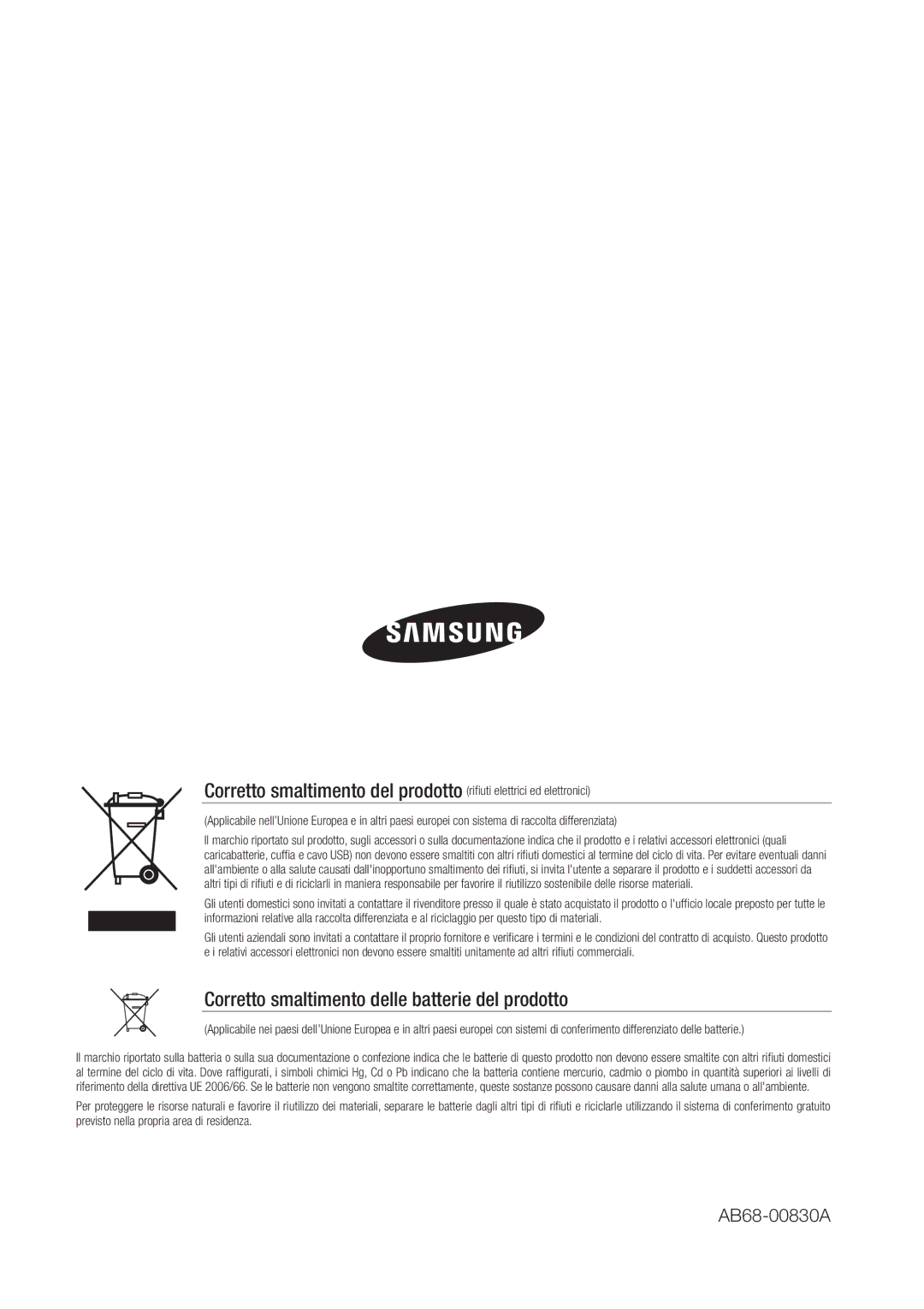 Samsung SHR-6082P, SHR-6162P manual Corretto smaltimento delle batterie del prodotto 