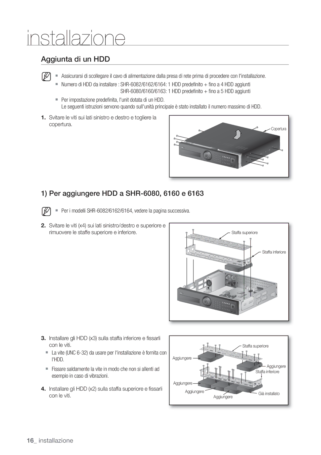 Samsung SHR-6082P, SHR-6162P manual Aggiunta di un HDD, Per aggiungere HDD a SHR-6080, 6160 e 