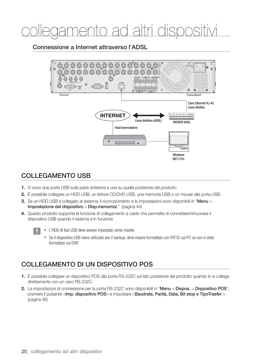 Samsung SHR-6082P, SHR-6162P Collegamento USB, Collegamento DI UN Dispositivo POS, Connessione a Internet attraverso lADSL 