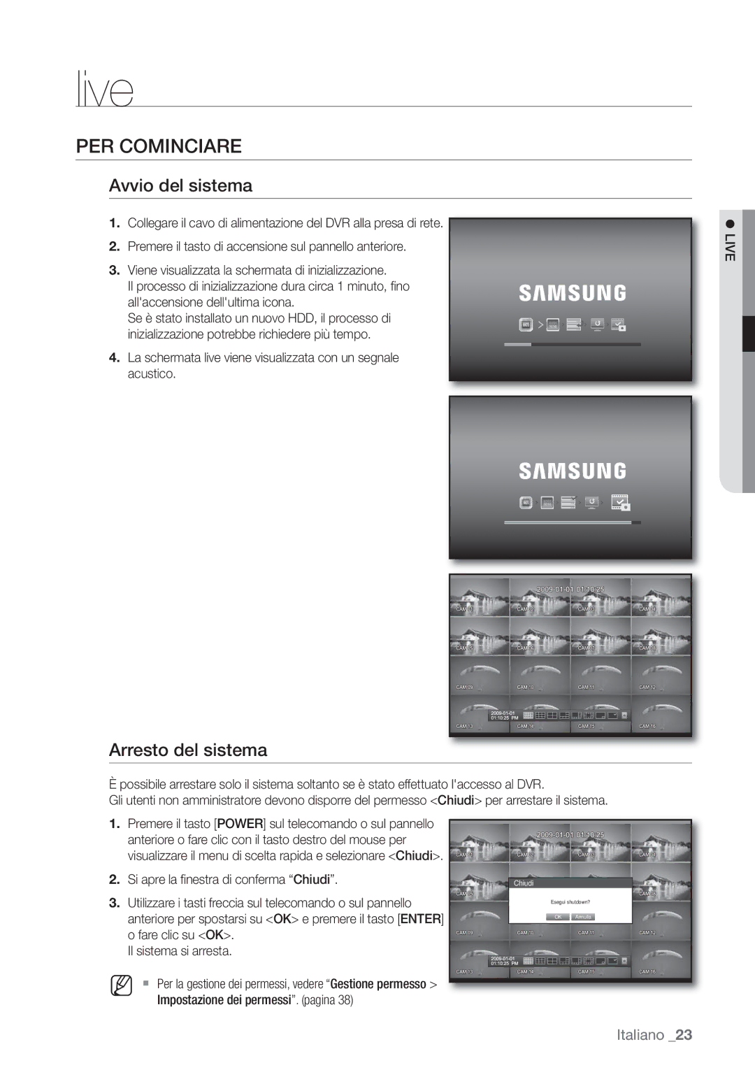 Samsung SHR-6162P, SHR-6082P manual PER Cominciare, Avvio del sistema, Arresto del sistema,  Live 