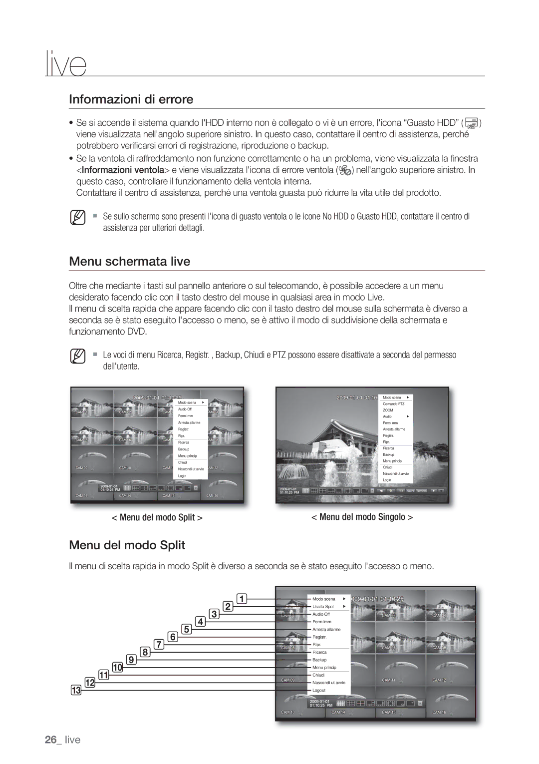 Samsung SHR-6082P, SHR-6162P manual Informazioni di errore, Menu schermata live, Menu del modo Split 