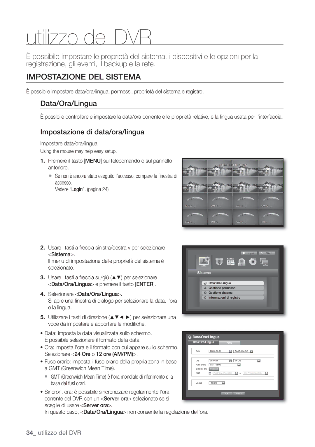 Samsung SHR-6082P, SHR-6162P manual Impostazione DEL Sistema, Data/Ora/Lingua, Impostazione di data/ora/lingua 