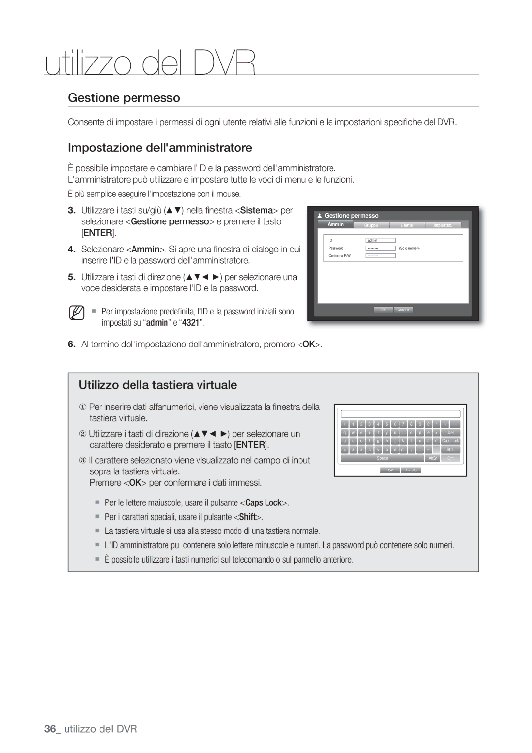 Samsung SHR-6082P, SHR-6162P manual Gestione permesso, Impostazione dellamministratore, Utilizzo della tastiera virtuale 