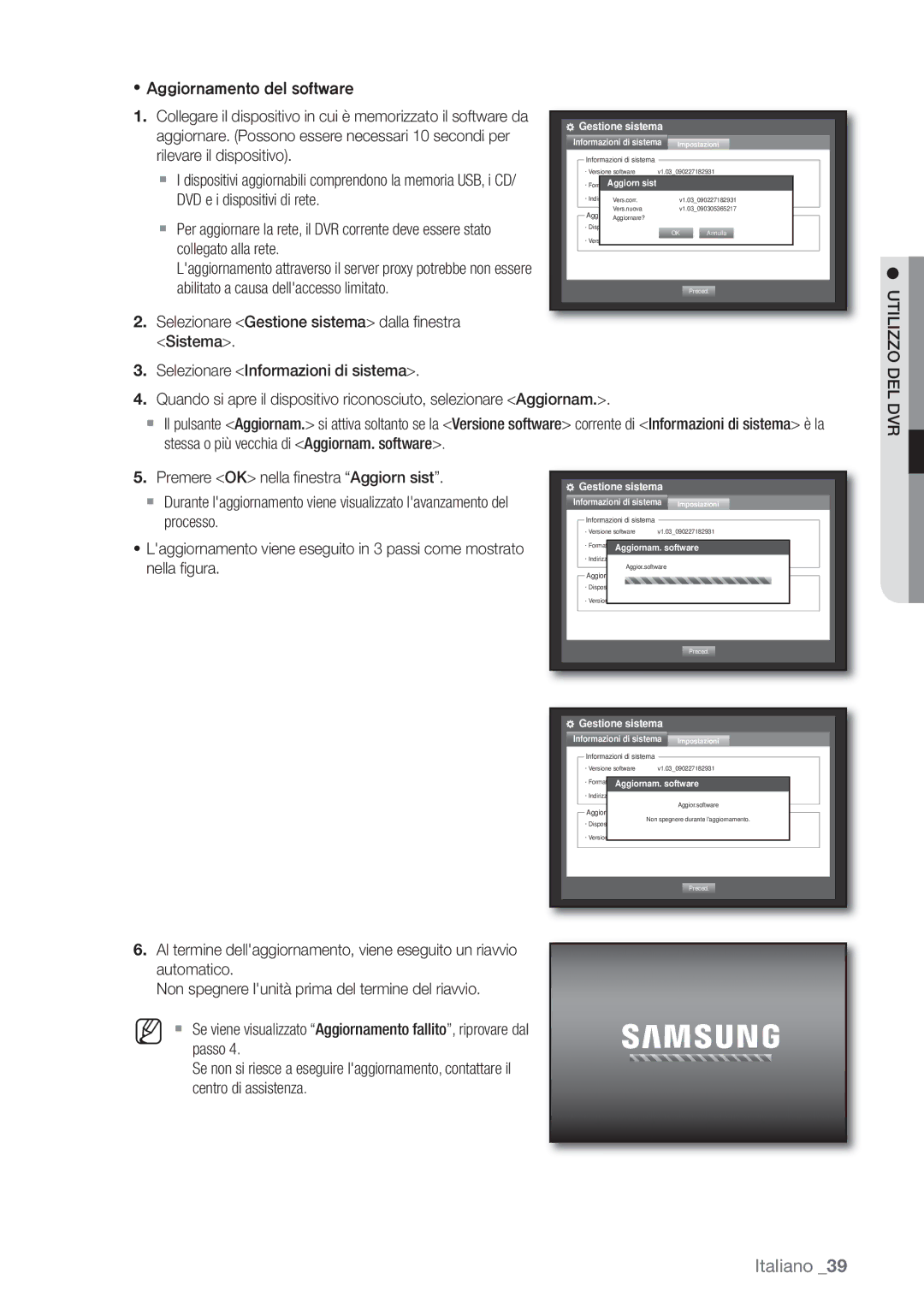 Samsung SHR-6162P Aggiornamento del software, Aggiornare. Possono essere necessari 10 secondi per, Rilevare il dispositivo 