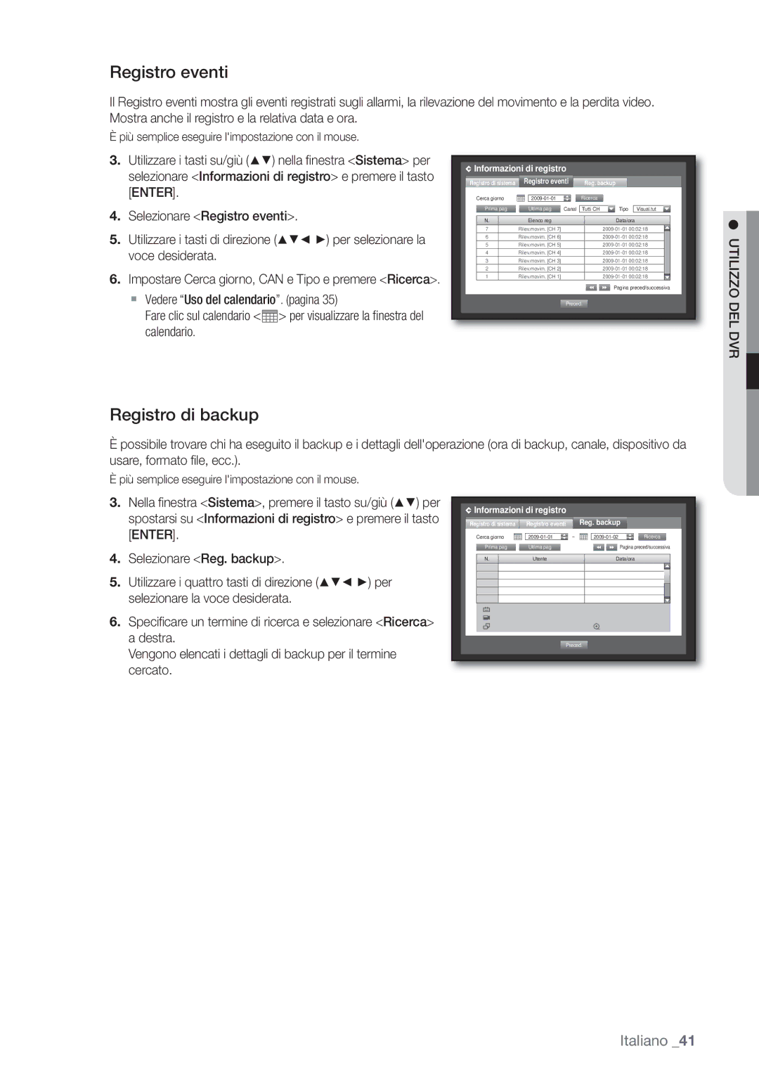 Samsung SHR-6162P, SHR-6082P manual Registro eventi, Registro di backup, Del Dvr, Reg. backup 