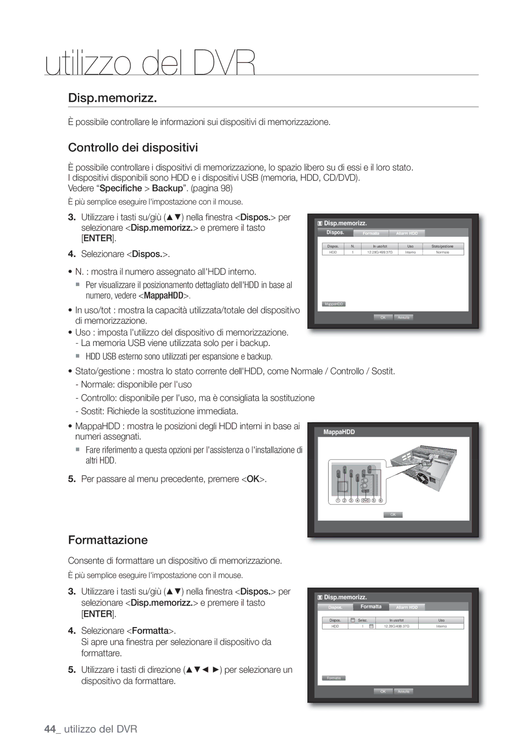 Samsung SHR-6082P, SHR-6162P manual Disp.memorizz, Controllo dei dispositivi, Formattazione 