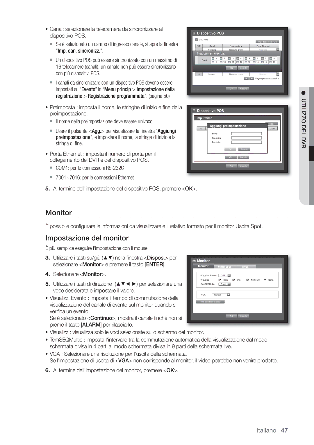 Samsung SHR-6162P, SHR-6082P manual Impostazione del monitor,  COM1 per le connessioni RS-232C, Selezionare Monitor 