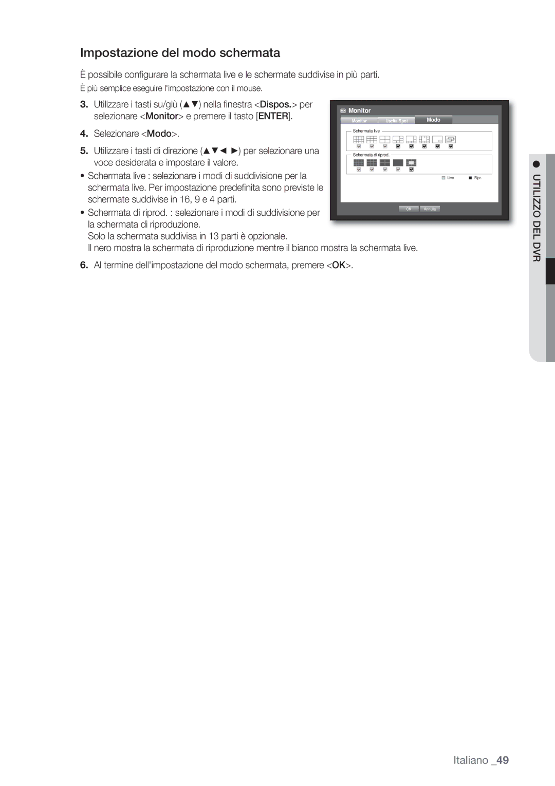 Samsung SHR-6162P, SHR-6082P manual Impostazione del modo schermata, Del, Modo 