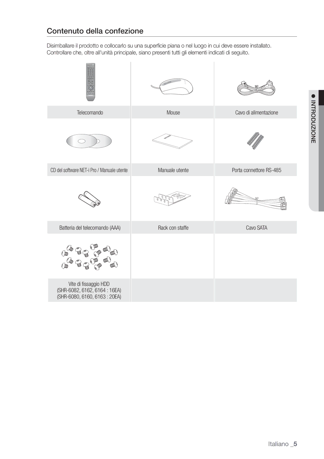 Samsung SHR-6162P, SHR-6082P manual Contenuto della confezione, Telecomando Mouse, Manuale utente 