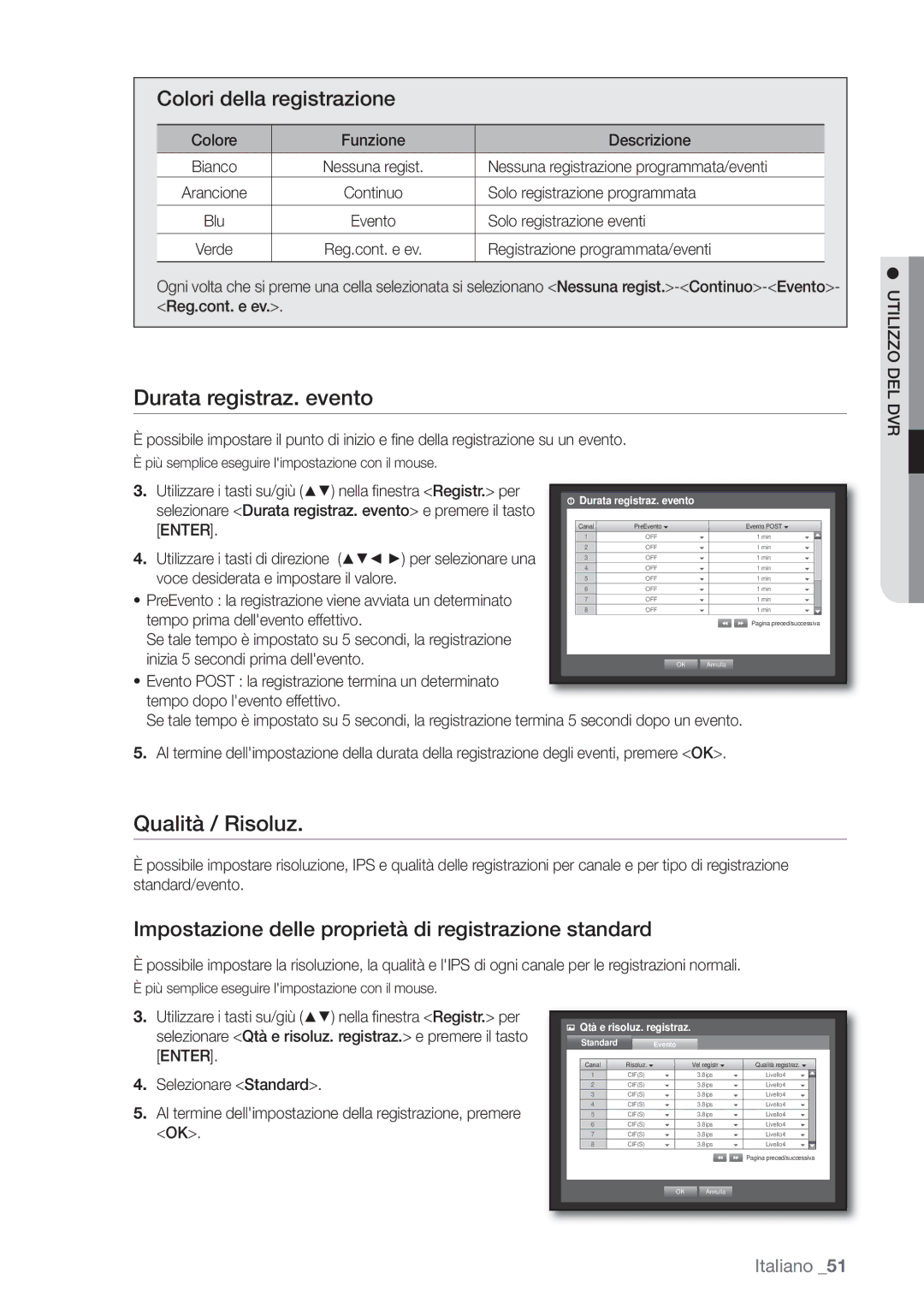 Samsung SHR-6162P, SHR-6082P manual Durata registraz. evento, Qualità / Risoluz, Colori della registrazione 