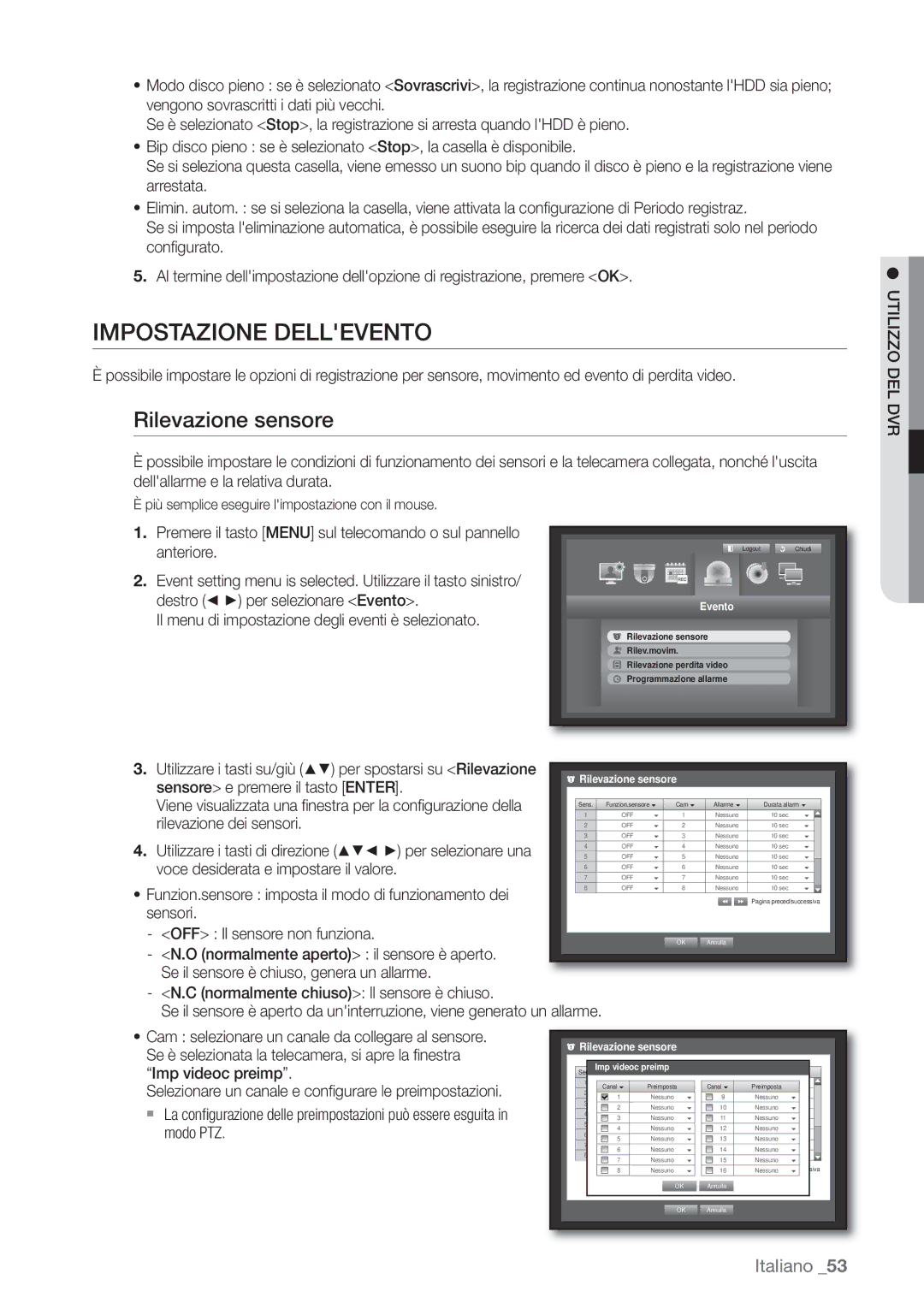 Samsung SHR-6162P, SHR-6082P manual Impostazione Dellevento, Rilevazione sensore 