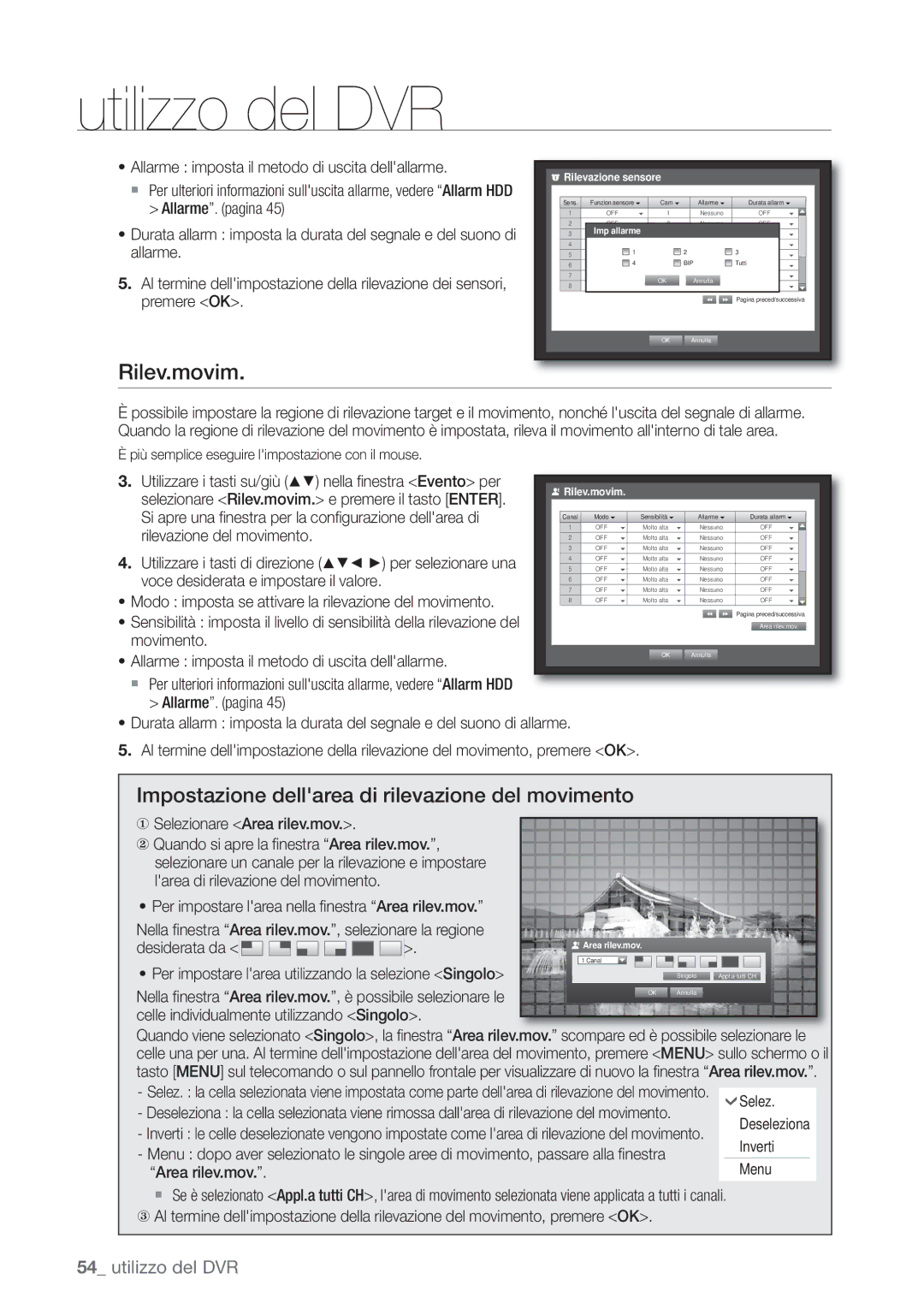 Samsung SHR-6082P, SHR-6162P manual Rilev.movim, Impostazione dellarea di rilevazione del movimento 