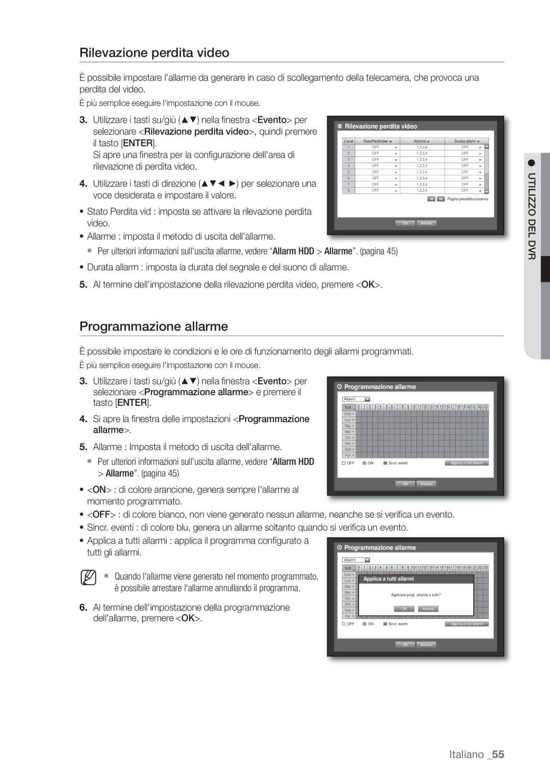 Samsung SHR-6162P, SHR-6082P manual Rilevazione perdita video, Programmazione allarme 