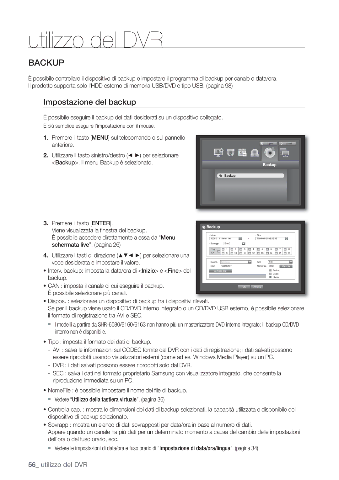 Samsung SHR-6082P, SHR-6162P manual Backup, Impostazione del backup 