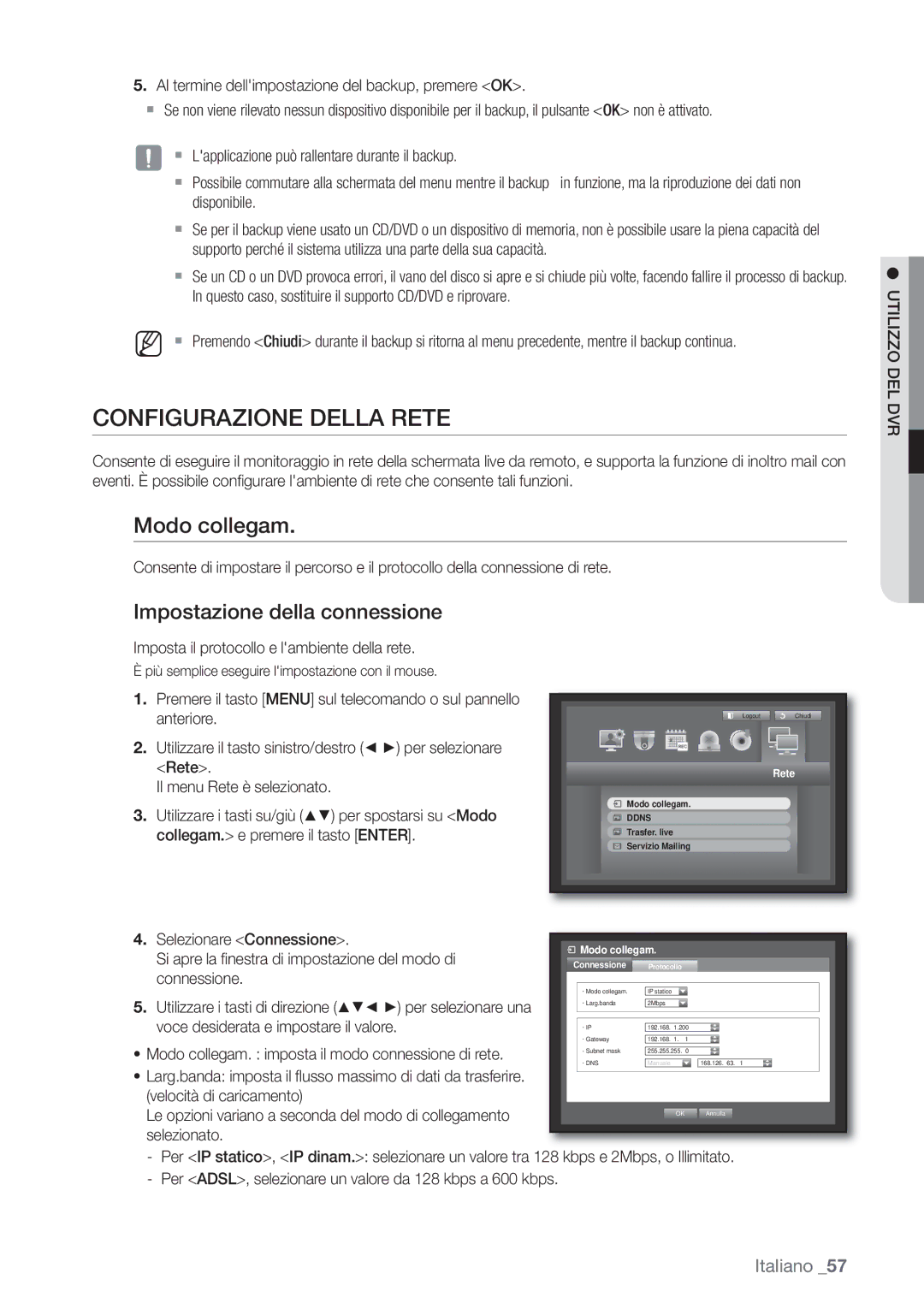 Samsung SHR-6162P, SHR-6082P manual Configurazione Della Rete, Modo collegam, Impostazione della connessione 