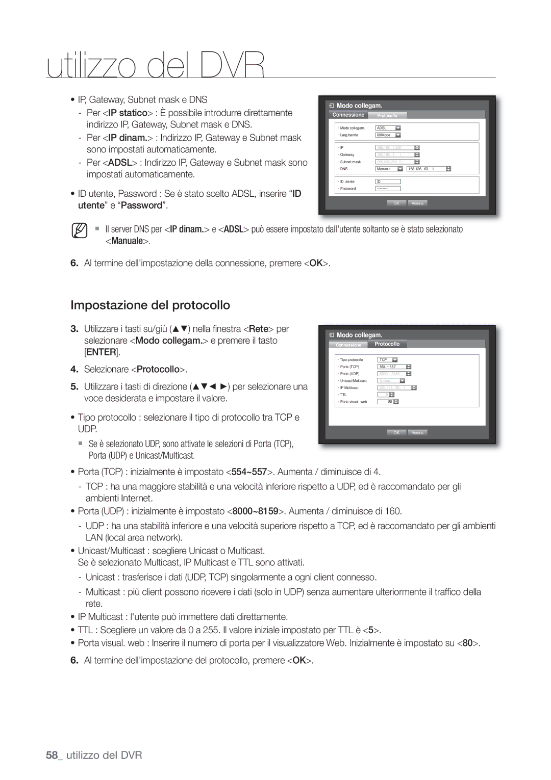 Samsung SHR-6082P, SHR-6162P manual Impostazione del protocollo, Udp 