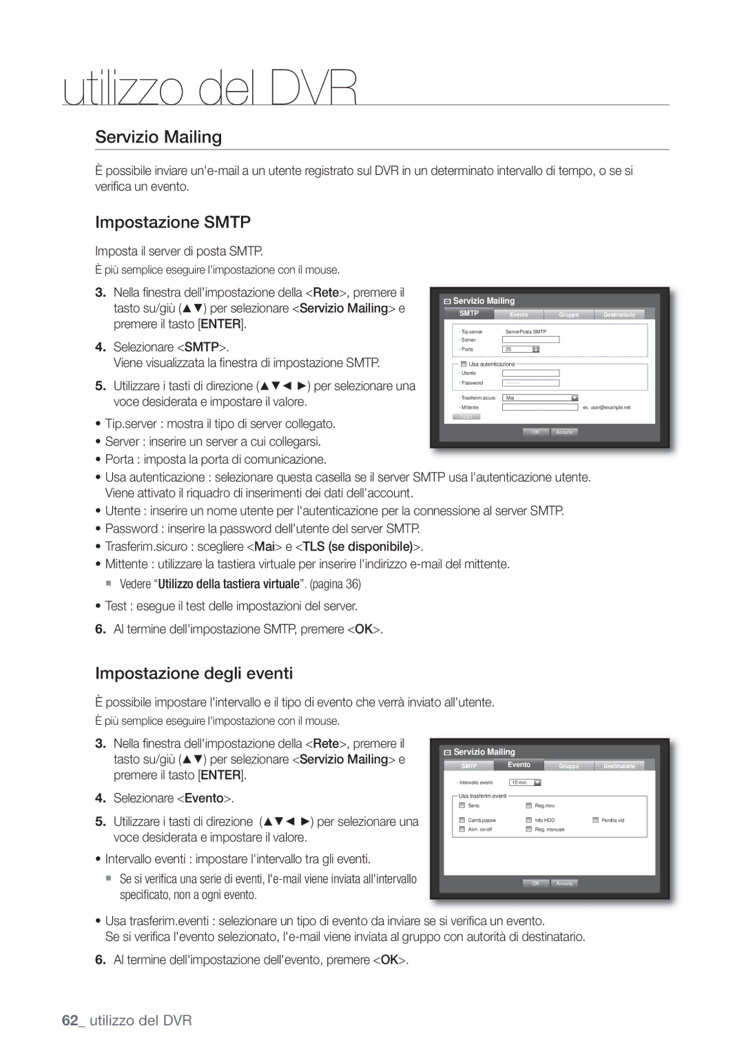 Samsung SHR-6082P, SHR-6162P manual Servizio Mailing, Impostazione Smtp, Impostazione degli eventi 