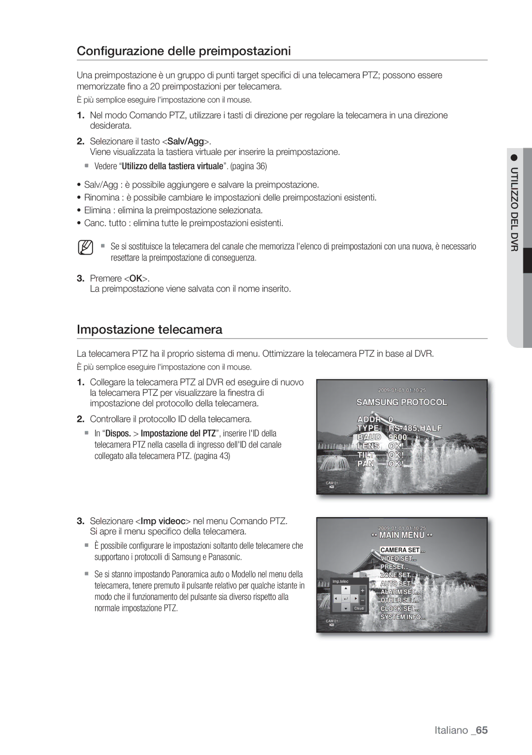 Samsung SHR-6162P, SHR-6082P manual Conﬁgurazione delle preimpostazioni, Impostazione telecamera 